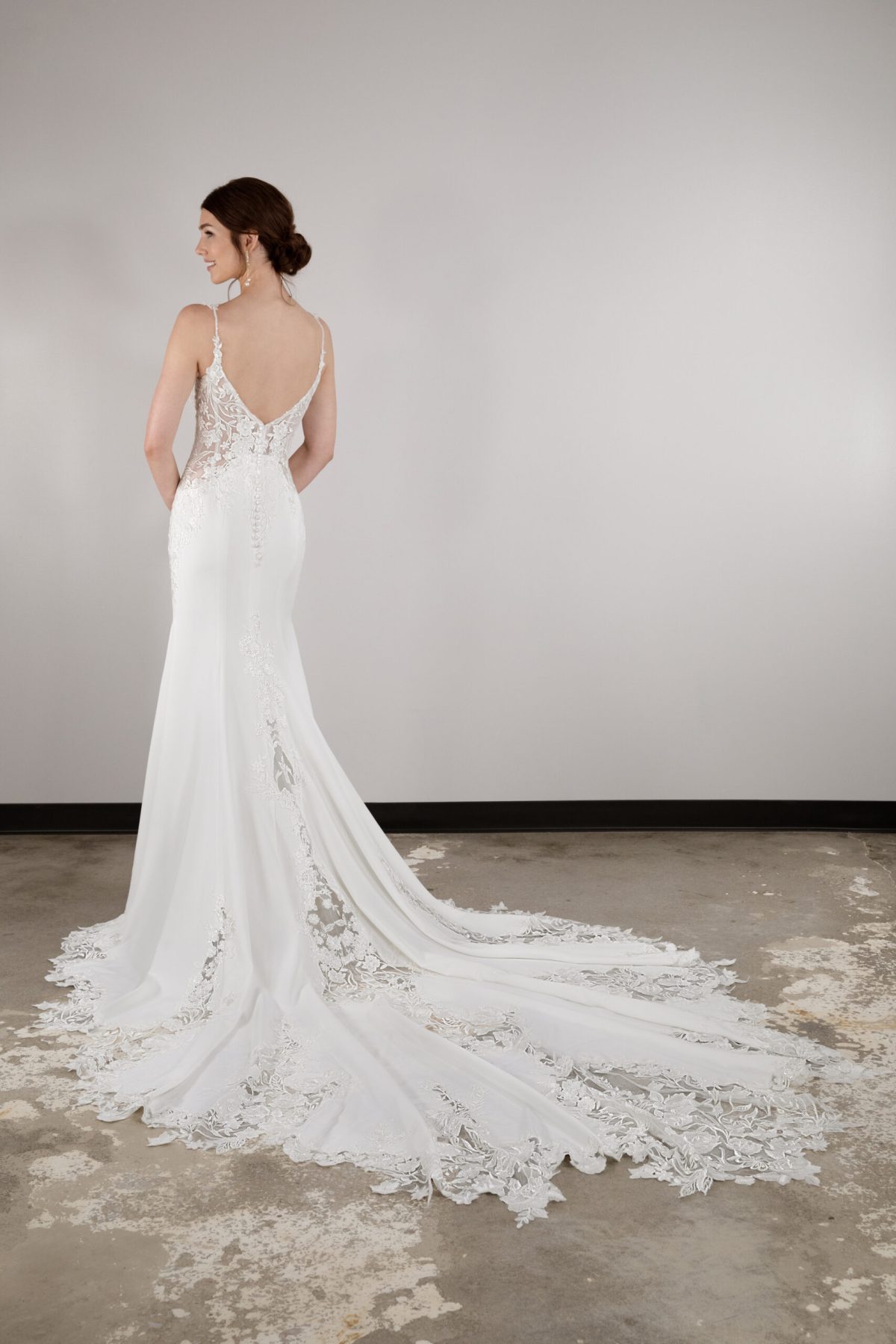 Lace And Crepe V-Neck Fit-and-Flare Gown | Kleinfeld Bridal