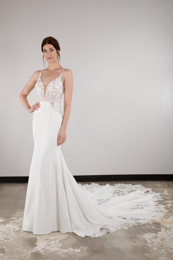 Lace And Crepe V-Neck Fit-and-Flare Wedding Dress by Essense of Australia - Image 1