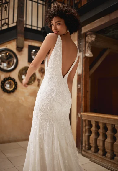 Beaded V-Neck Sheath Gown by Enaura Bridal - Image 2