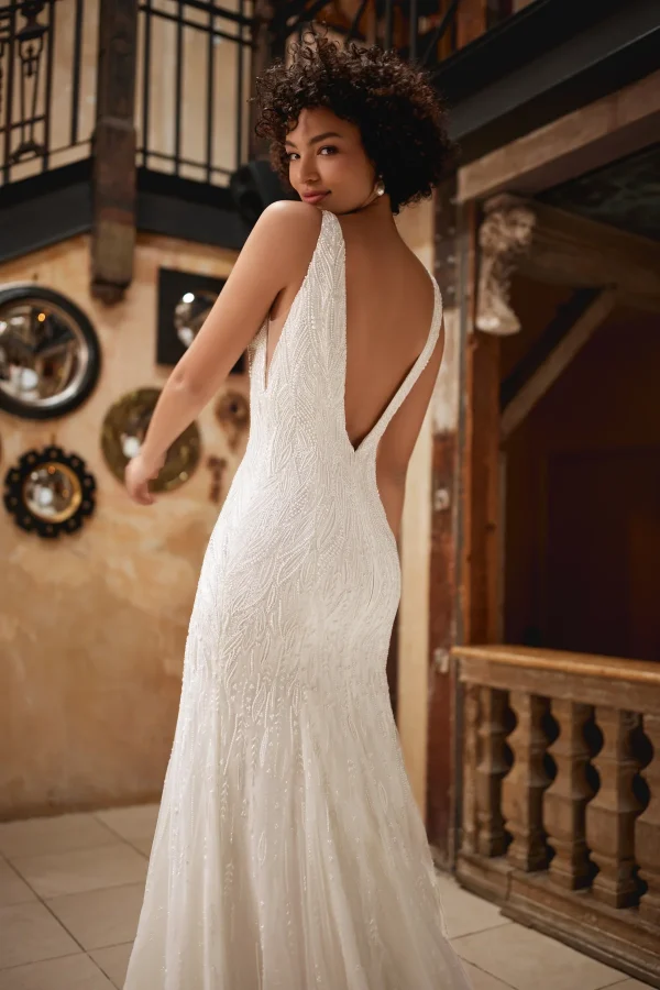 Beaded V-Neck Sheath Gown by Enaura Bridal - Image 2