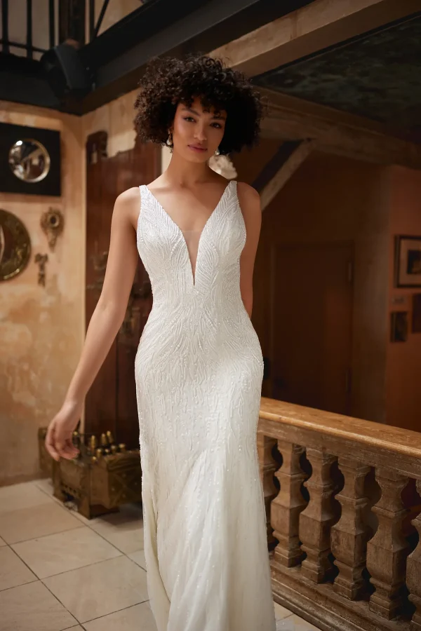 Beaded V-Neck Sheath Gown by Enaura Bridal - Image 1