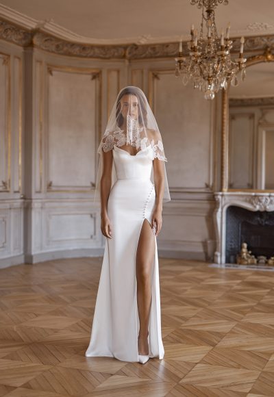 Satin Sheath Wedding Dress With Buttons And Slit by Alon Livné - Image 2