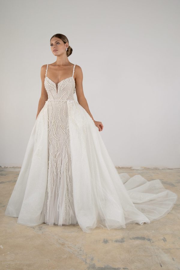 Chic And Modern Pearl Fit-and-Flare Wedding Dress With Detachable Overskirt by Martina Liana Luxe - Image 1