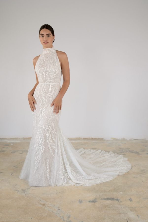 High-Neck Lace Sheath Wedding Dress by Martina Liana Luxe - Image 1