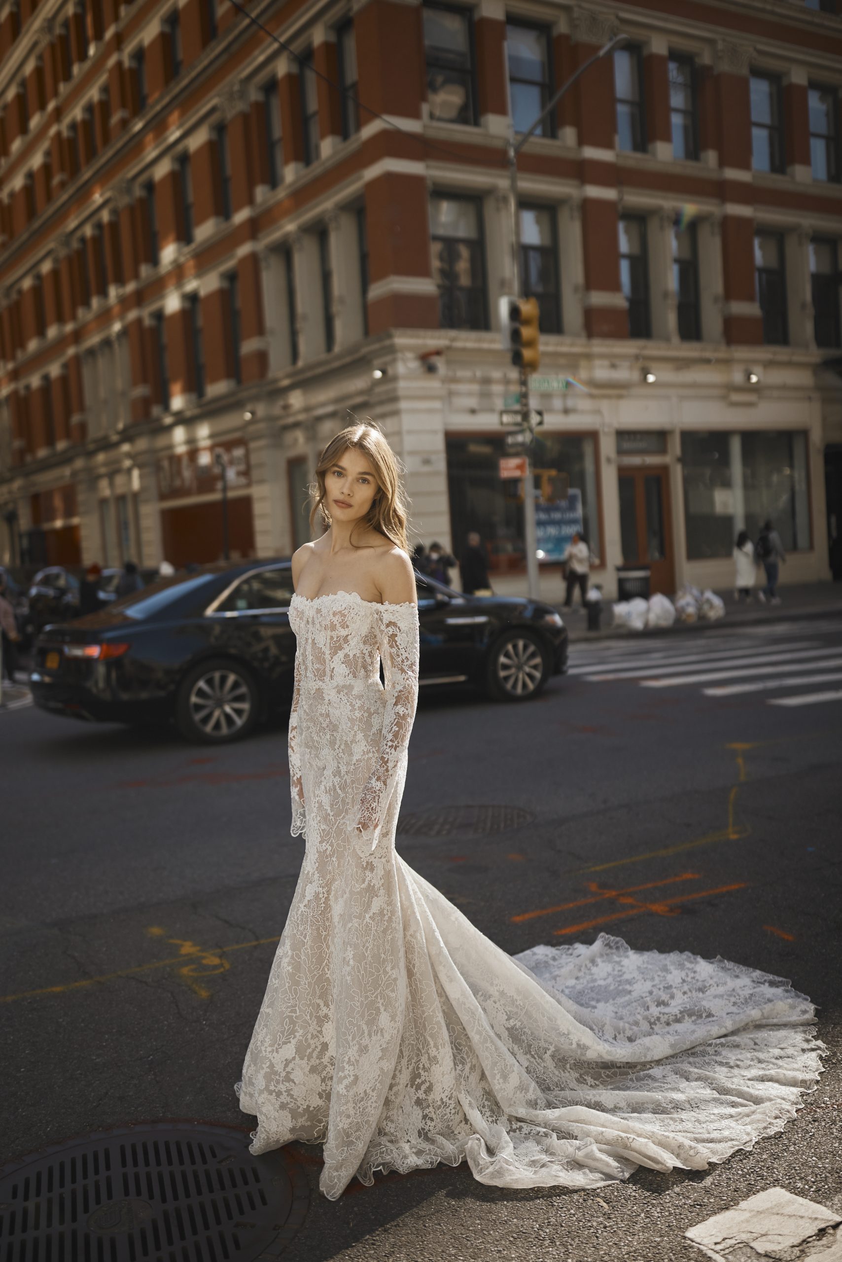 Lace Off-the-Shoulder Long Sleeve Fit-and-Flare Gown