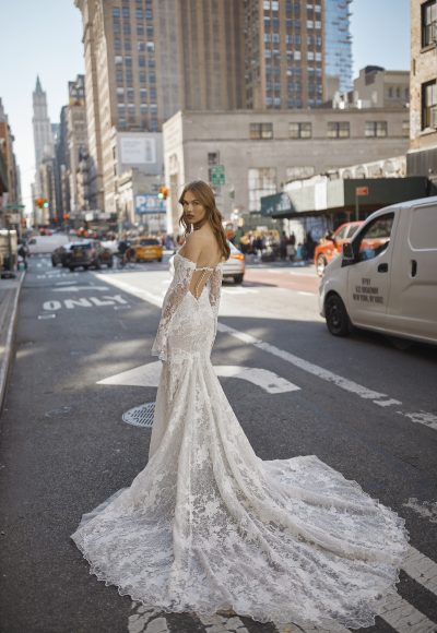 Lace Off-the-Shoulder Long Sleeve Fit-and-Flare Wedding Dress by Netta BenShabu Elite Couture - Image 2