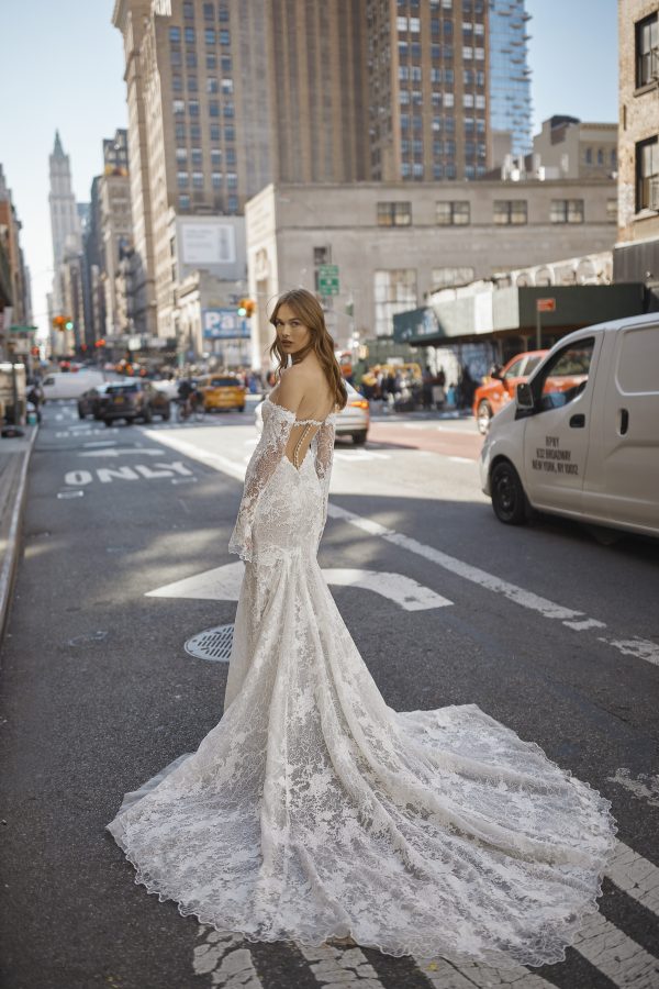 Lace Off-the-Shoulder Long Sleeve Fit-and-Flare Wedding Dress by Netta BenShabu Elite Couture - Image 2