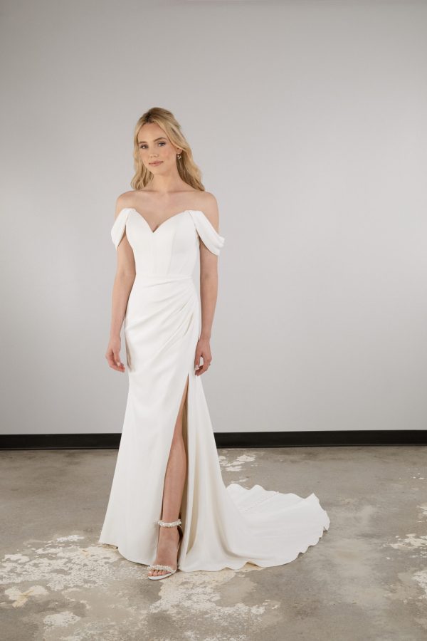 Simple Off-the-Shoulder Sheath Gown With Slit by Essense of Australia - Image 1