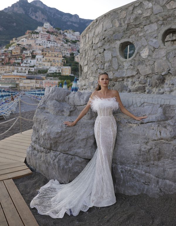 Strapless Feather And Lace Fit-and Flare Gown by Eden Aharon - Image 1