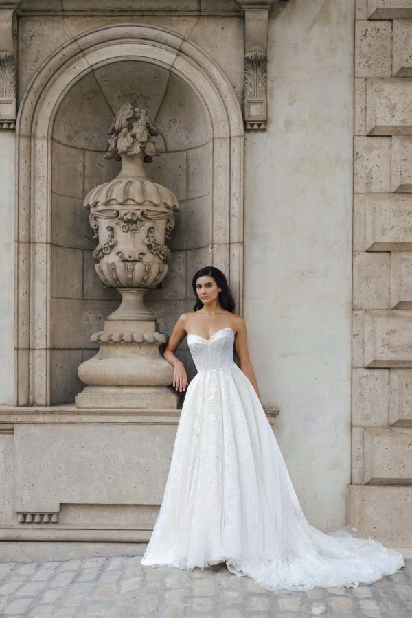 Strapless Matte Floral Embroidered A-Line Gown by Anne Barge - Image 1