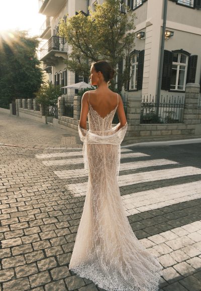 Lace Sheath Gown With Slit And Scarf by Neta Dover - Image 2