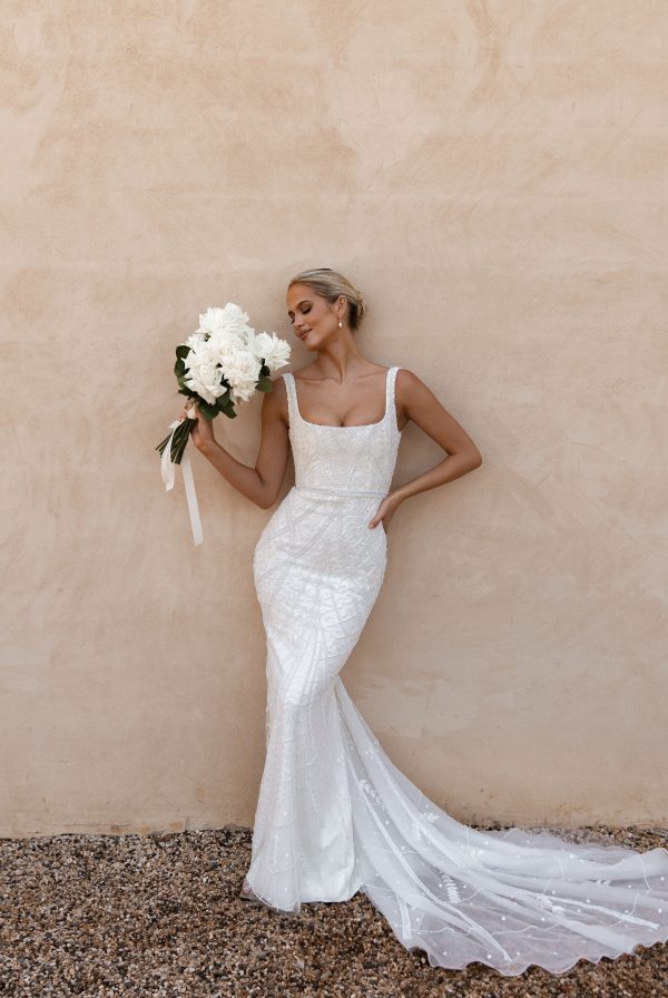 Beaded Square-Neck Fit-and-Flare Wedding Dress by Anna Campbell - Image 1