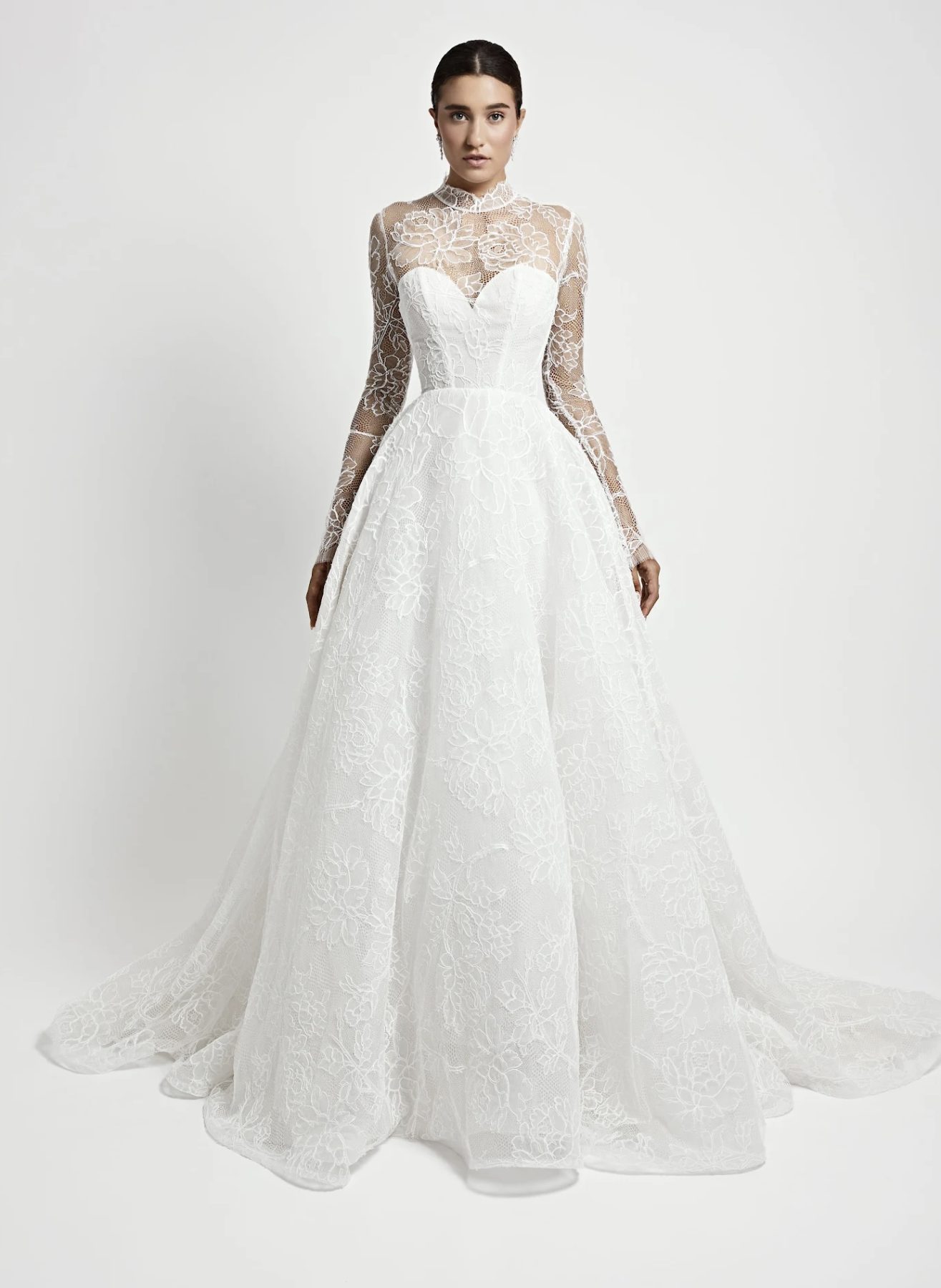 Elegant High Neck Long Sleeve Floral Lace Ball Gown Kleinfeld Bridal 0439