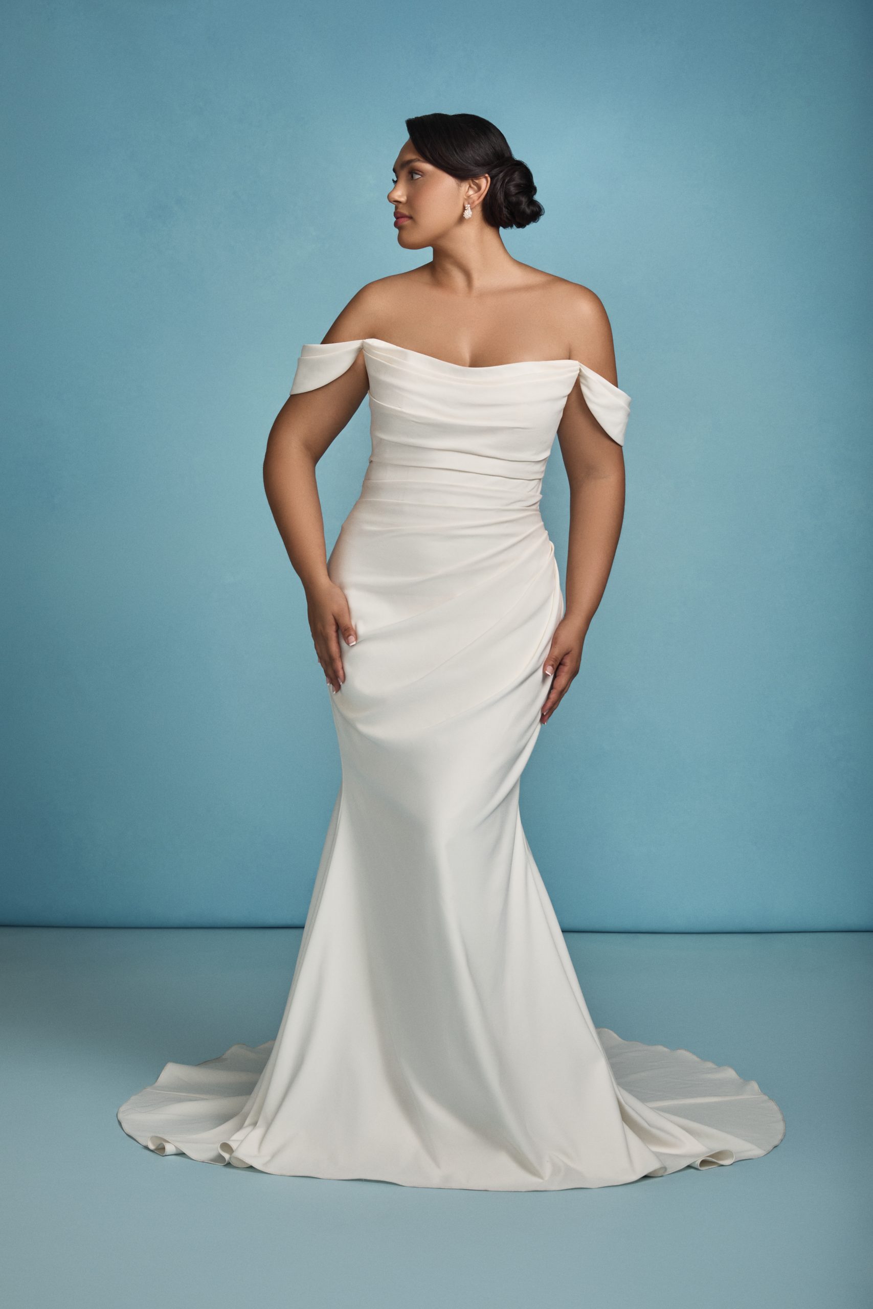 Timeless Off-the-Shoulder Fit-and-Flare Wedding Dress With Buttons by Anne Barge - Image 1
