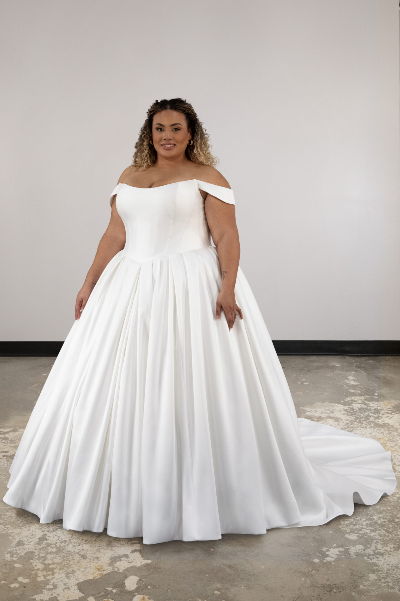 Classic Off-the-Shoulder Ball Gown With Buttons by Essense of Australia - Image 1