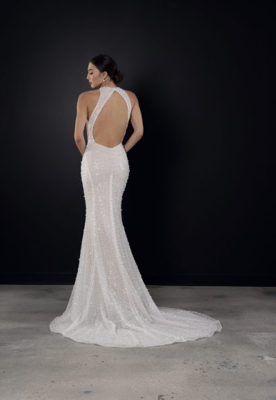 Chic High-Neck Beaded Fit-and-Flare Wedding Dress With Open Back by Martina Liana - Image 2