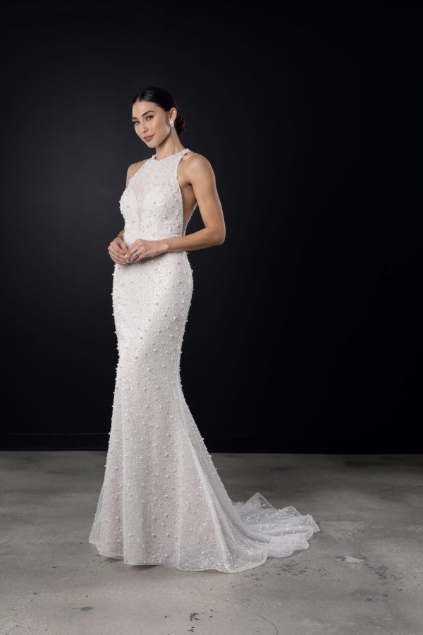 Chic High-Neck Beaded Fit-and-Flare Wedding Dress With Open Back by Martina Liana - Image 1