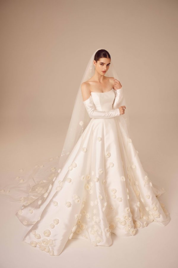 Off-the-Shoulder Long Sleeve Mikado Ball Gown With Floral Appliqué by Nicole + Felicia - Image 1