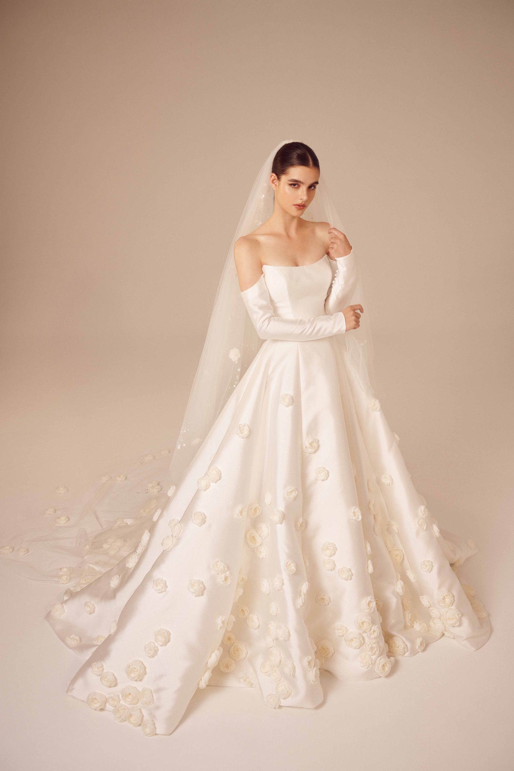 Off-the-Shoulder Mikado Ball Gown With Floral Appliqué by Nicole + Felicia - Image 1
