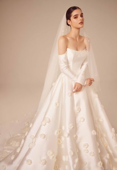 Off-the-Shoulder Long Sleeve Mikado Ball Gown With Floral Appliqué by Nicole + Felicia - Image 2