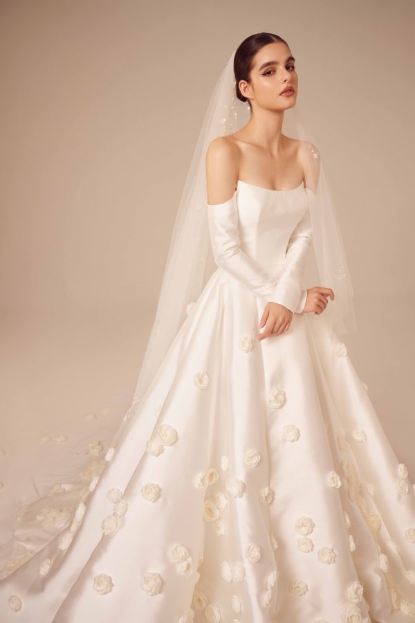 Off-the-Shoulder Long Sleeve Mikado Ball Gown With Floral Appliqué by Nicole + Felicia - Image 2