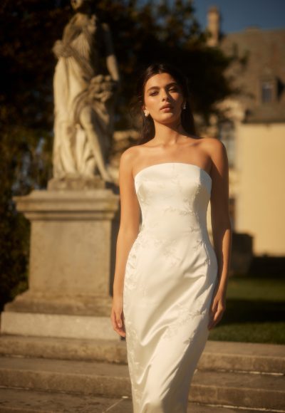 Embroidered Satin Sheath Gown With Detachable Overskirt by Enaura Bridal