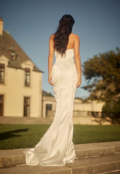 Embroidered Satin Sheath Wedding Dress With Overskirt by Enaura Bridal - Image 3