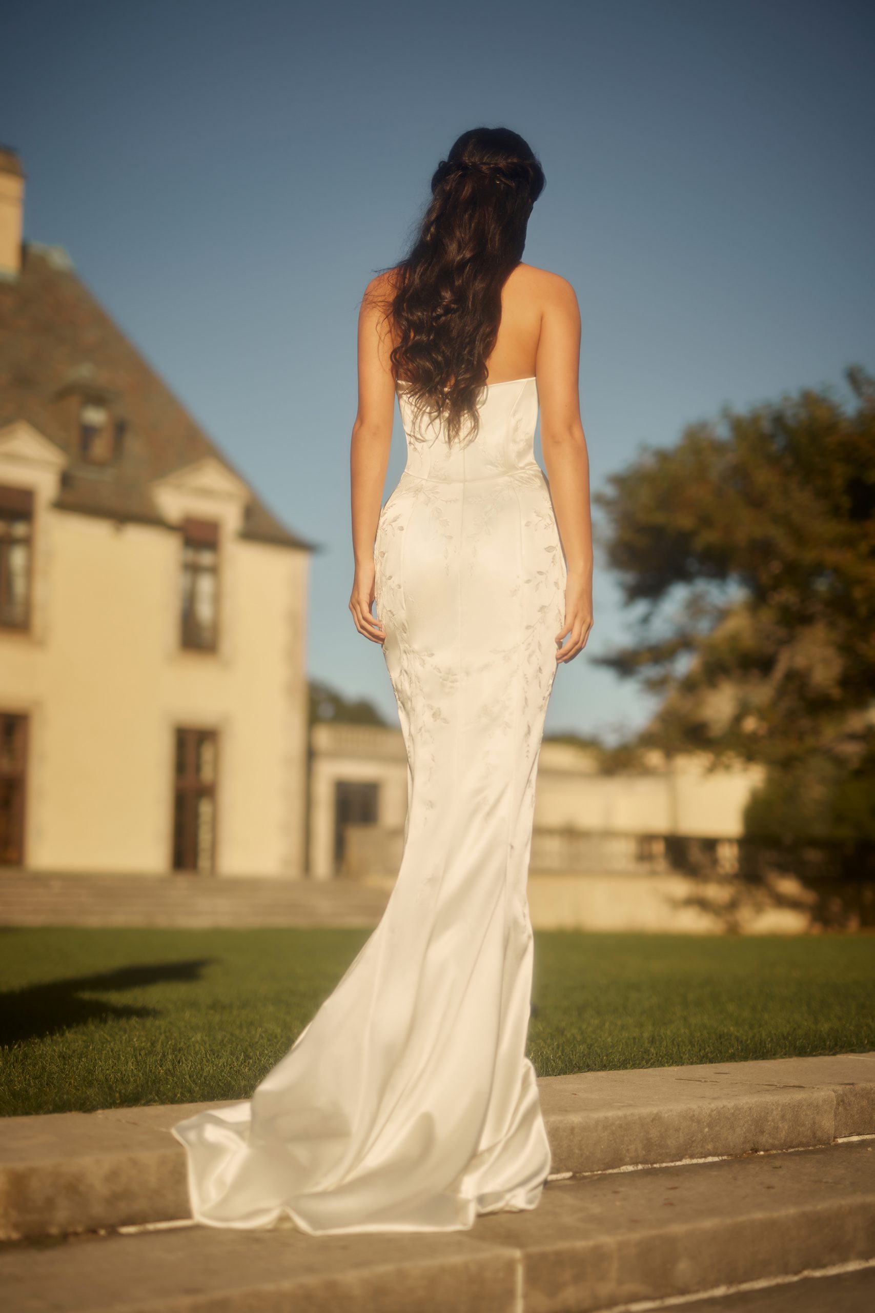 Embroidered Satin Sheath Gown With Detachable Overskirt by Enaura Bridal - Image 3