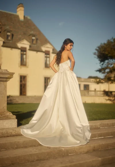 Embroidered Satin Sheath Wedding Dress With Overskirt by Enaura Bridal - Image 5