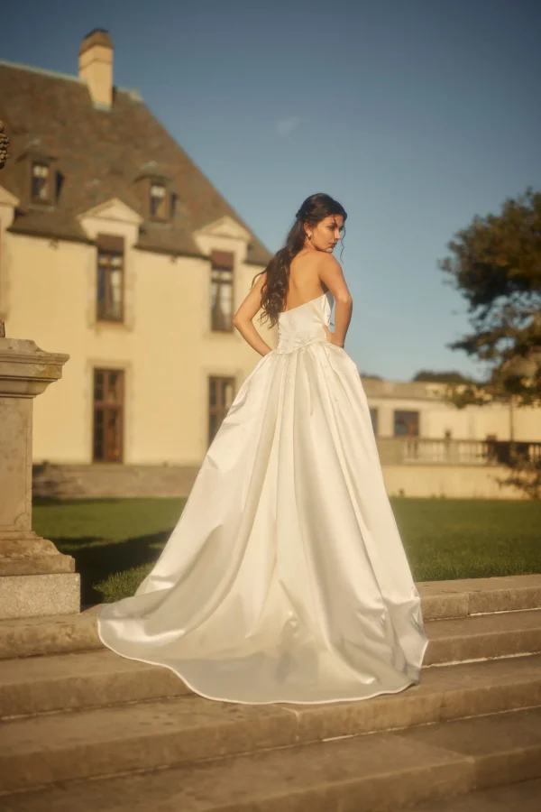 Embroidered Satin Sheath Wedding Dress With Overskirt by Enaura Bridal - Image 5