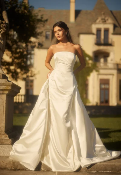 Embroidered Satin Sheath Wedding Dress With Overskirt by Enaura Bridal - Image 4