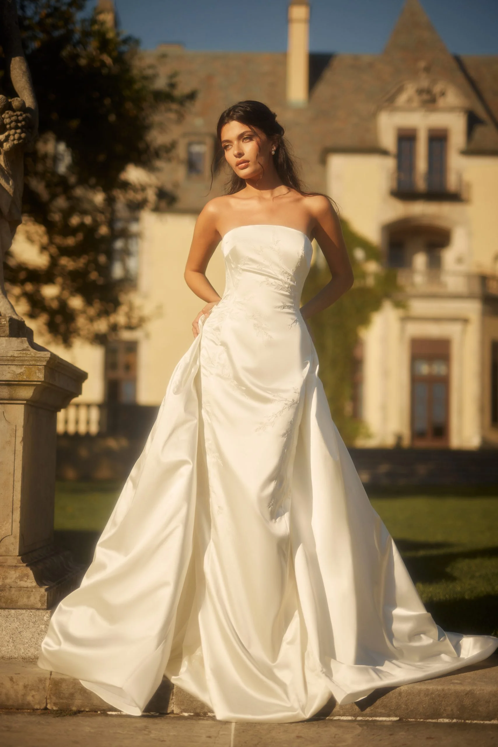 Embroidered Satin Sheath Wedding Dress With Overskirt by Enaura Bridal - Image 4