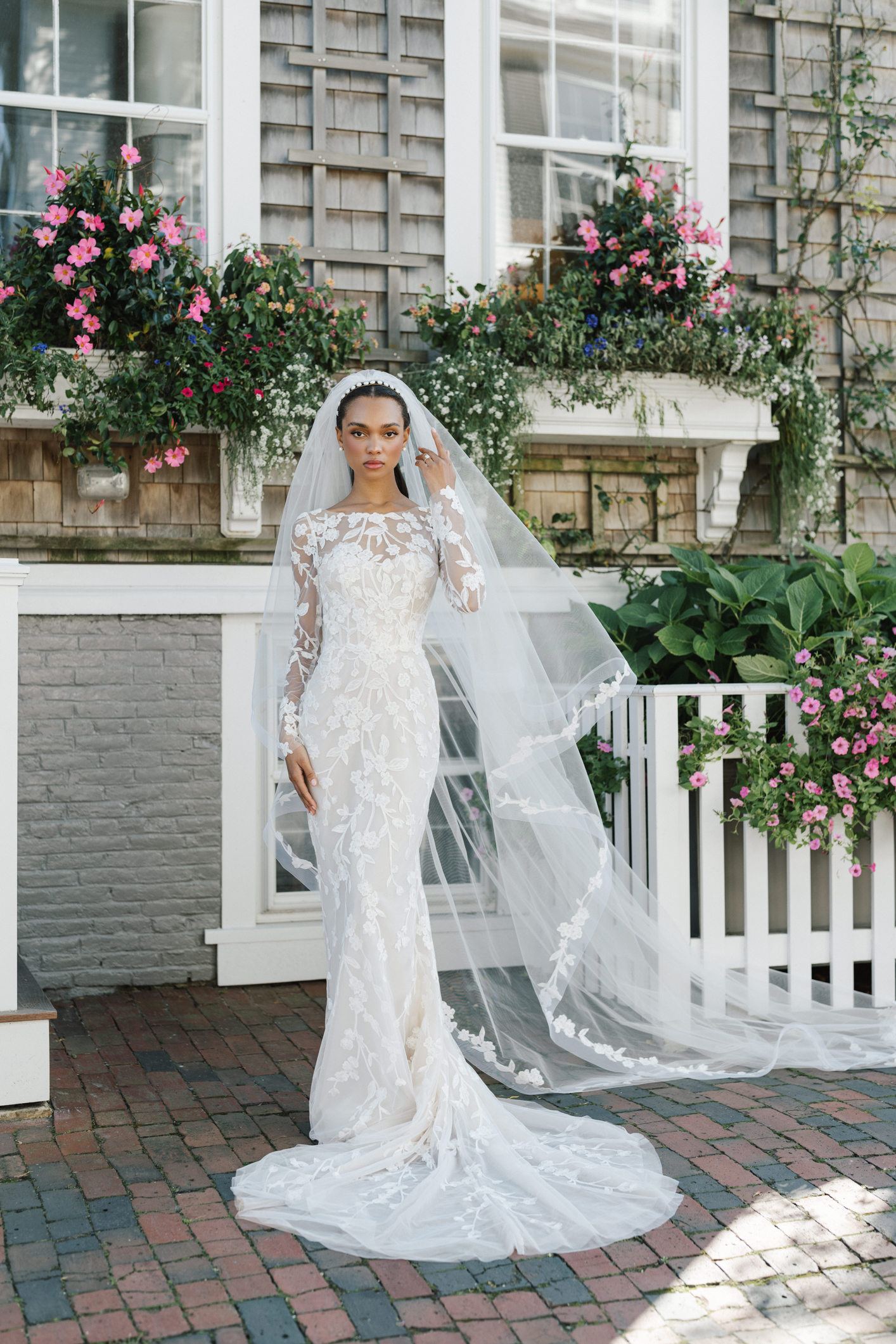 Long Sleeve Floral Sheath Wedding Dress by Anne Barge - Image 1