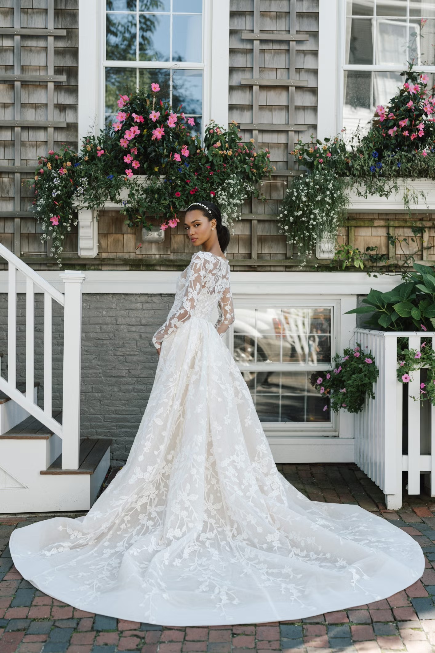 Long Sleeve Floral Sheath Wedding Dress With Overskirt by Anne Barge - Image 4