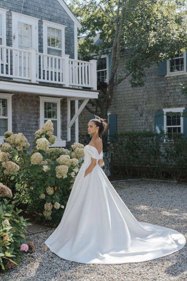 Simple And Modern Off-the-Shoulder A-Line Wedding Dress With Slit by Anne Barge - Image 2