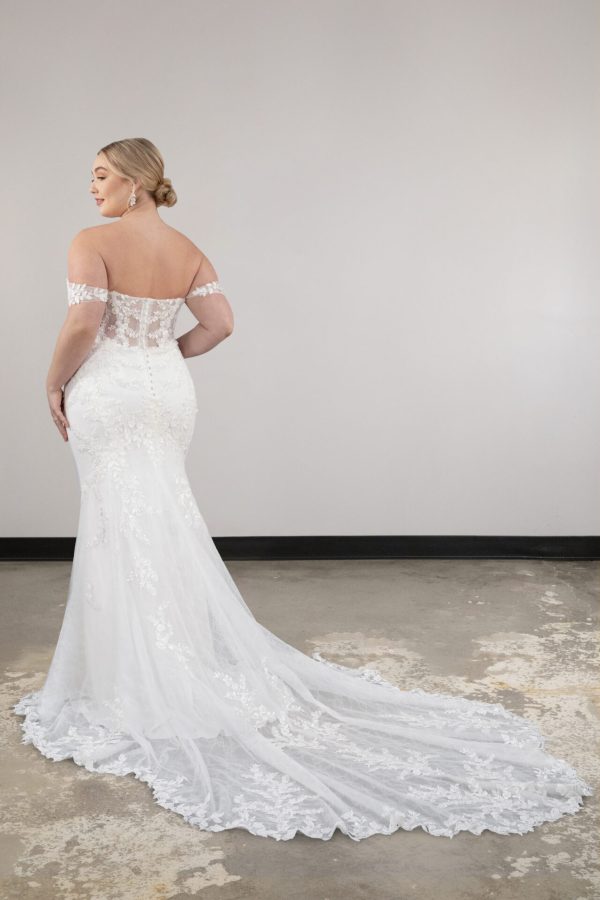 Plus Size Floral Lace Fit-and-Flare Wedding Dress With Detachable Off-the-Shoulder Straps by Essense of Australia - Image 2