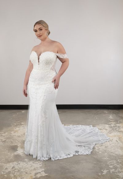 Plus Size Floral Lace Fit-and-Flare Wedding Dress With Detachable Off-the-Shoulder Straps by Essense of Australia