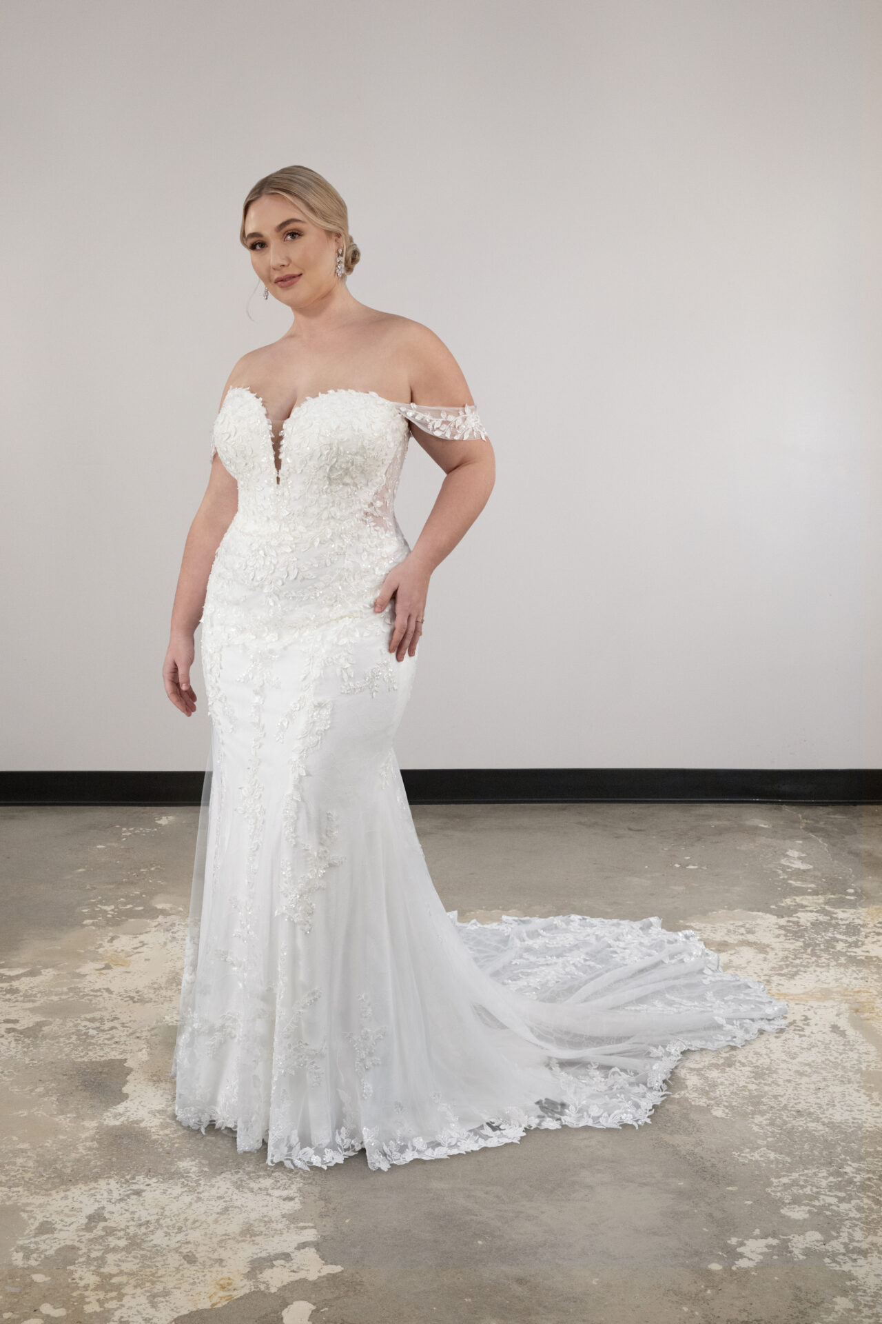 Plus Size Floral Lace Fit-and-Flare Wedding Dress With Detachable Off-the-Shoulder Straps by Essense of Australia - Image 1