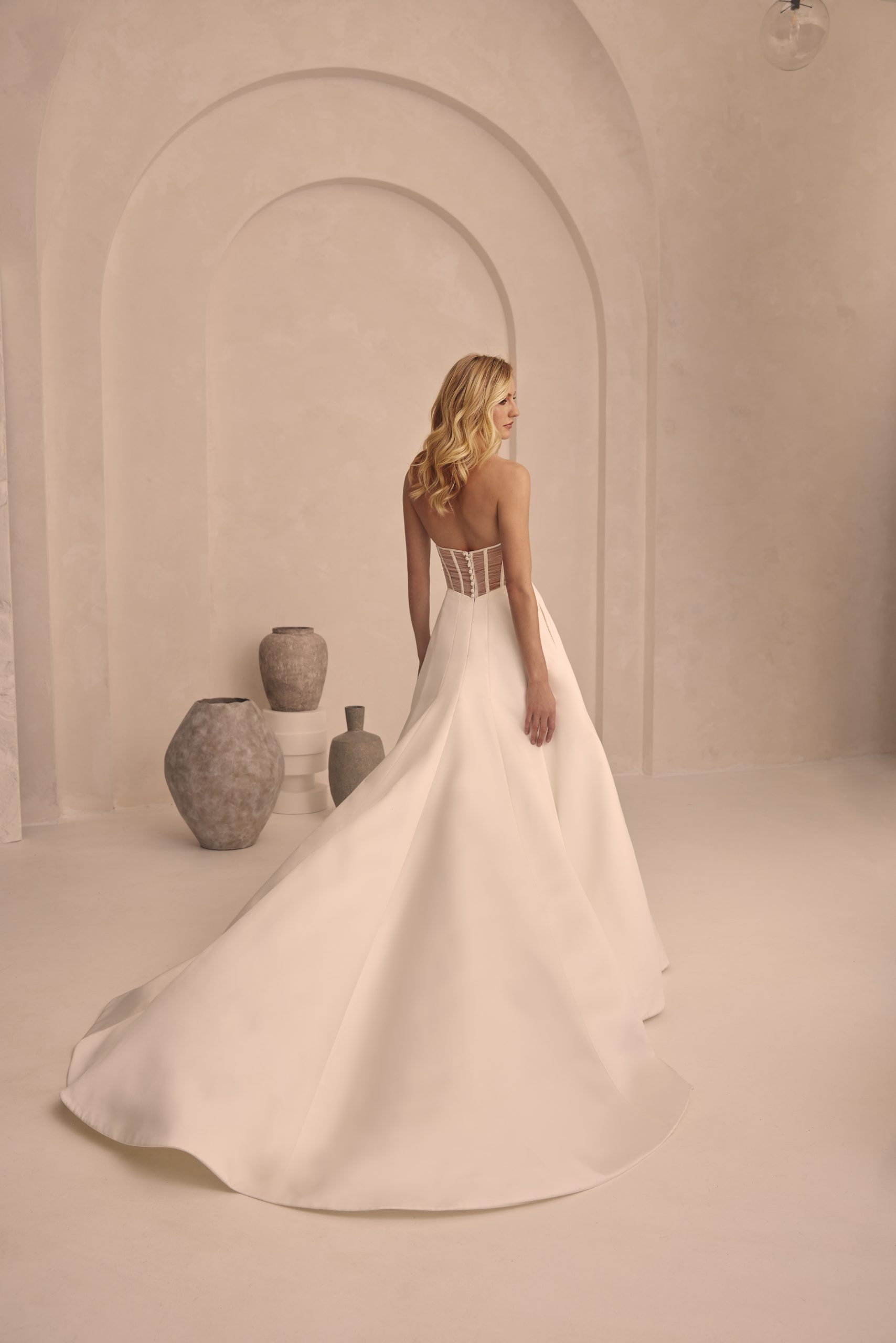 Chic and Simple Satin Modified A-Line Wedding Dress With Buttons by Mikaella Bridal - Image 3