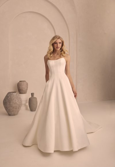 Chic and Simple Satin Modified A-Line Wedding Dress With Buttons by Mikaella Bridal