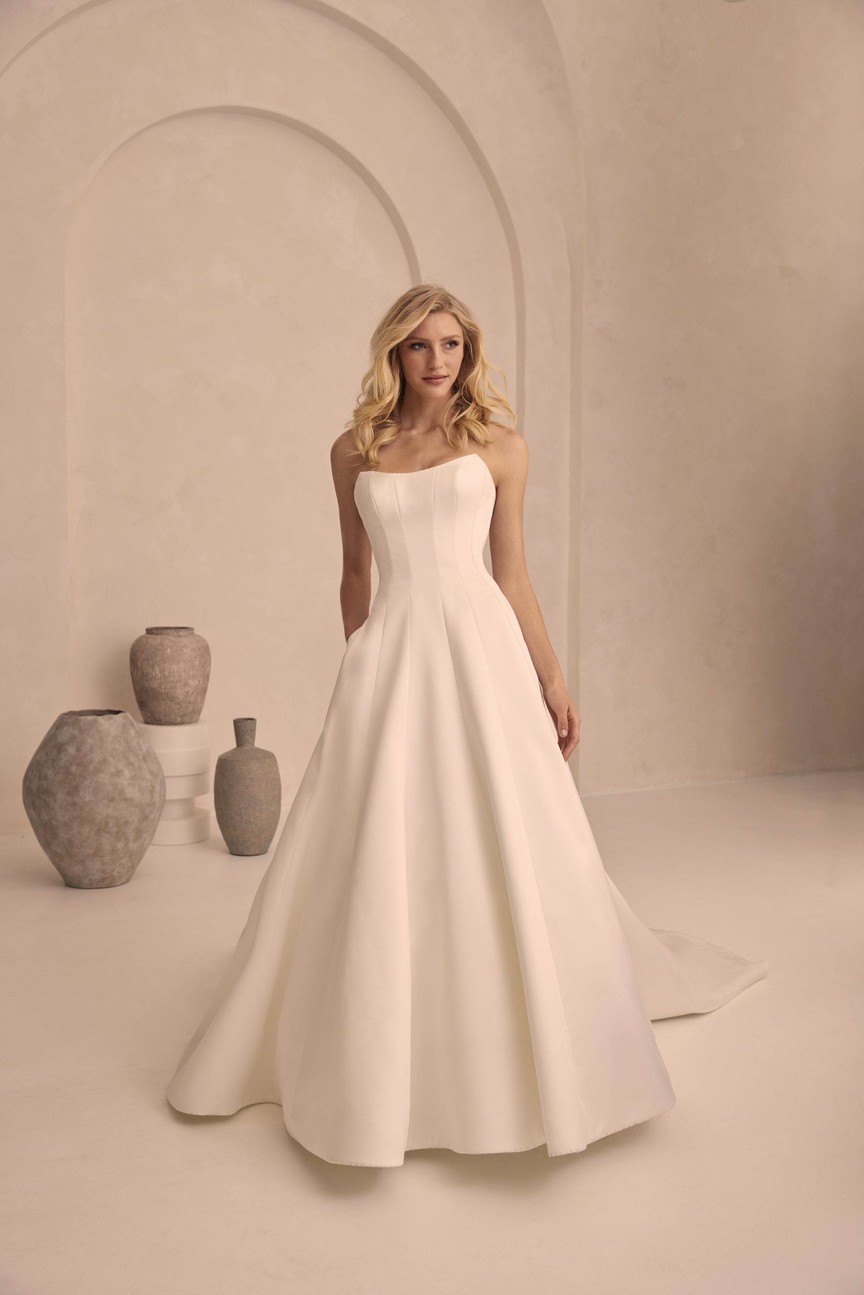 Chic and Simple Satin Modified A-Line Wedding Dress With Buttons by Mikaella Bridal - Image 1