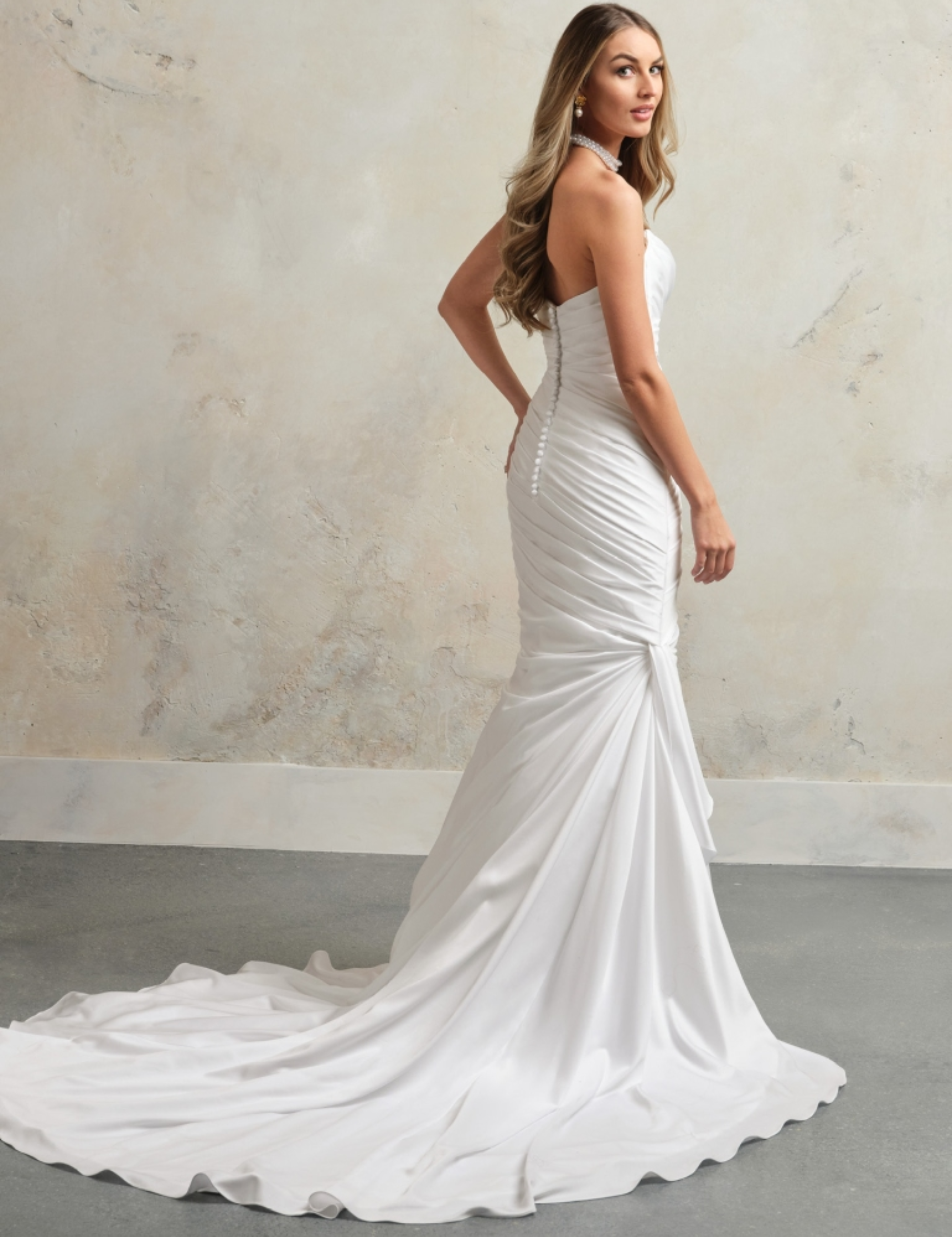 Dramatically Draped Satin Fit-and-Flare Wedding Dress by Maggie Sottero - Image 2