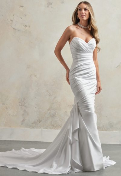 Dramatically Draped Satin Fit-and-Flare Wedding Dress by Maggie Sottero