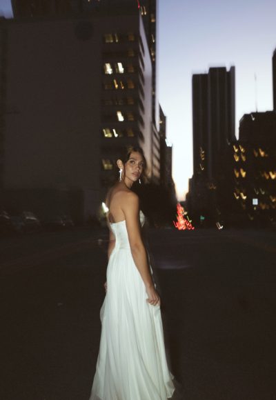 Simple Chiffon A-Line Wedding Dress With Neck Scarf And Slit by All Who Wander - Image 2