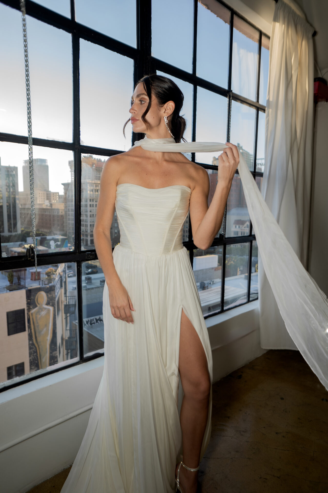 Simple Chiffon A-Line Wedding Dress With Neck Scarf And Slit by All Who Wander - Image 1