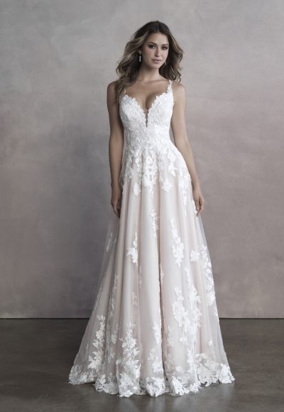 Feminine Floral A-Line Wedding Dress With Buttons And Scalloped Lace Train by Allure Bridals