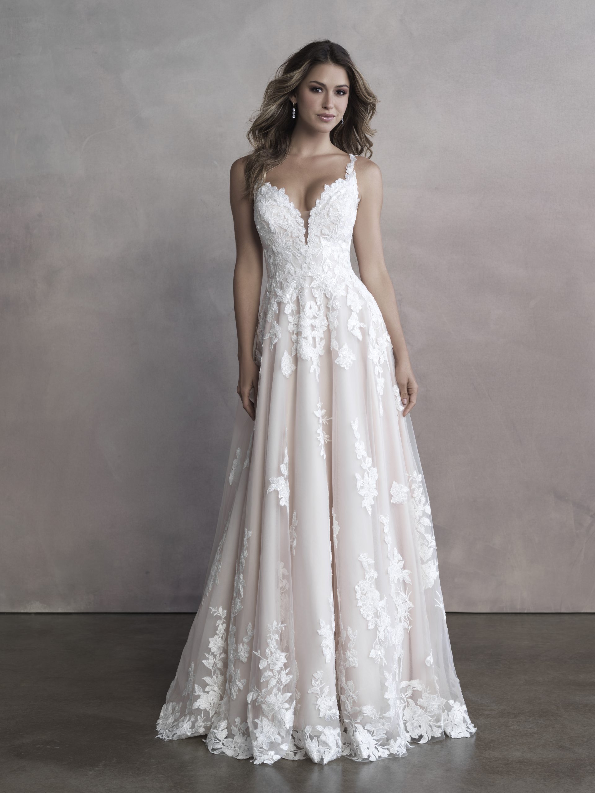 Feminine Floral A-Line Wedding Dress With Buttons And Scalloped Lace Train by Allure Bridals - Image 1