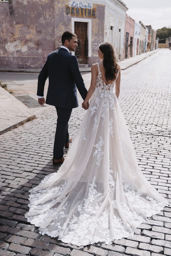 Romantic Floral A-Line Wedding Dress With Open Back And Buttons by Allure Bridals - Image 2