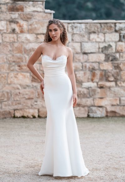 Simple And Feminine Sheath Wedding Dress With Lace Detail And Buttons by Allure Bridals