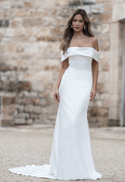 Chic And Timeless Off-the-Shoulder Sheath Wedding Dress With Buttons And Bow by Allure Bridals